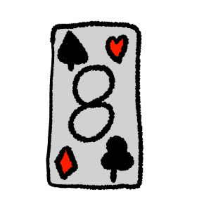 black outlines, a card with a black spade in the top left corner, red heart in the top right, red diamond in the bottom left, black club in the bottom right and a black 8 in the middle